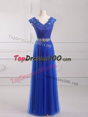 Low Price Royal Blue V-neck Lace Up Beading and Lace and Appliques and Belt Prom Party Dress Short Sleeves