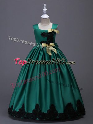 Square Sleeveless Little Girls Pageant Dress Wholesale Floor Length Appliques and Bowknot Dark Green Taffeta