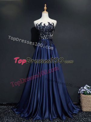 Beading and Appliques Evening Dress Navy Blue Zipper Sleeveless Brush Train