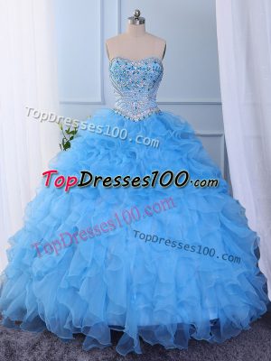 Floor Length Baby Blue Quince Ball Gowns Sweetheart Sleeveless Lace Up