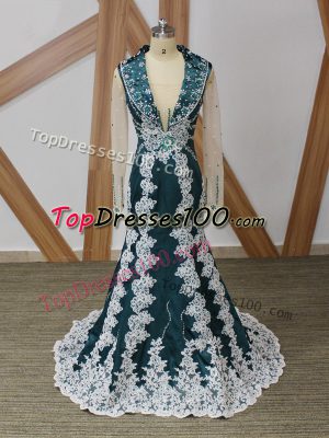 Latest Navy Blue Square Neckline Beading and Lace and Appliques Mother of the Bride Dress Long Sleeves Zipper