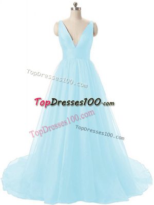 Aqua Blue A-line V-neck Sleeveless Organza Brush Train Backless Ruching Juniors Party Dress