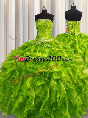 Clearance Olive Green Ball Gown Prom Dress Military Ball and Sweet 16 and Quinceanera with Beading and Ruffles Strapless Sleeveless Lace Up