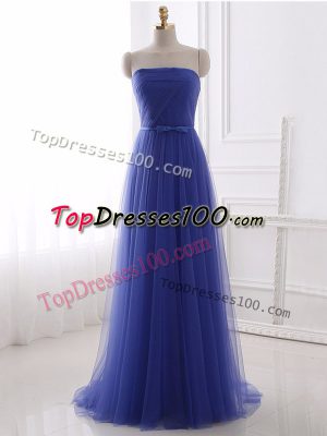 Tulle Strapless Sleeveless Zipper Beading and Belt Prom Dress in Blue