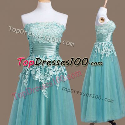 Hot Sale Tea Length Light Blue Bridesmaid Dress Strapless Sleeveless Lace Up