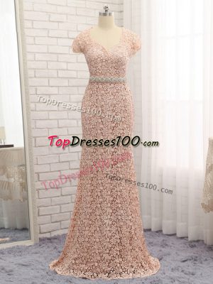 Sweet Lace Cap Sleeves Floor Length Mother Dresses and Beading and Belt