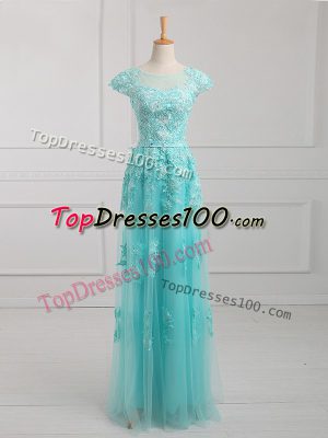 Floor Length Lace Up Mother of Groom Dress Aqua Blue for Prom and Military Ball and Sweet 16 with Beading and Lace and Appliques
