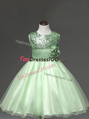 Low Price Apple Green Tulle Zipper Little Girl Pageant Dress Sleeveless Knee Length Sequins and Hand Made Flower