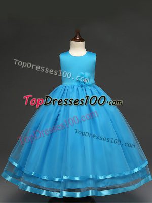 Decent Ball Gowns Toddler Flower Girl Dress Baby Blue Scoop Tulle Sleeveless Floor Length Zipper