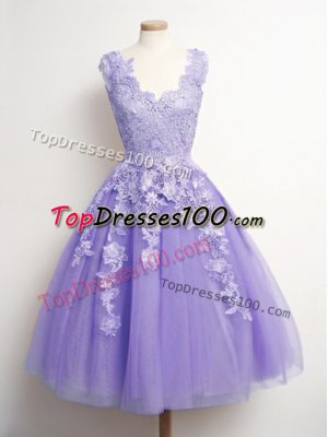 Lavender A-line Appliques Dama Dress Lace Up Tulle Sleeveless Knee Length