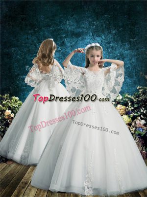 Traditional White Tulle Lace Up Flower Girl Dresses for Less Half Sleeves Floor Length Lace