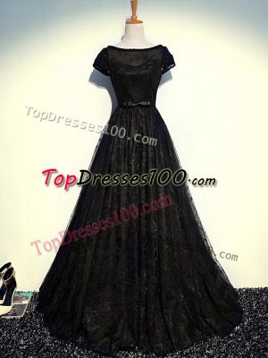 Fabulous Black Empire Tulle Scoop Short Sleeves Beading and Lace and Belt Floor Length Zipper Mother of Bride Dresses