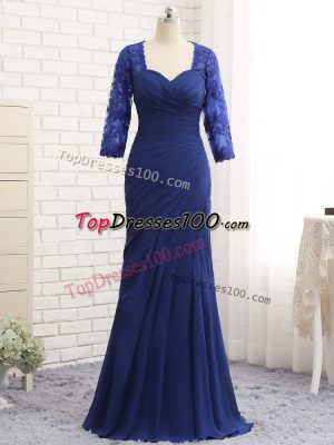 3 4 Length Sleeve Floor Length Beading and Lace and Appliques and Ruching Zipper Mother of Bride Dresses with Blue