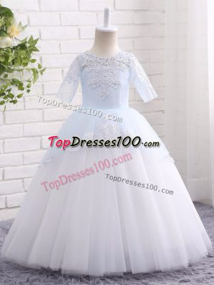 Scoop Half Sleeves Little Girls Pageant Gowns Floor Length Appliques Blue And White Tulle