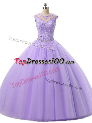Modest Sleeveless Tulle Floor Length Lace Up Quinceanera Dresses in Lavender with Beading and Lace