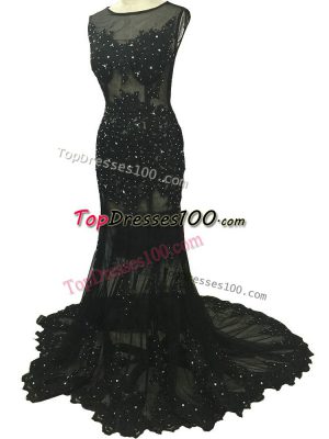 Elegant Black Mermaid Beading and Lace and Appliques Mother of Groom Dress Side Zipper Tulle Sleeveless