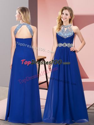 Blue Chiffon Zipper Halter Top Sleeveless Floor Length Prom Gown Beading and Ruching