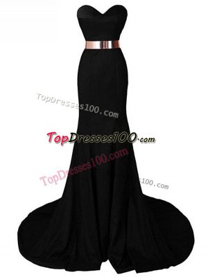 Unique Sleeveless Chiffon Brush Train Lace Up Evening Dresses in Black with Belt