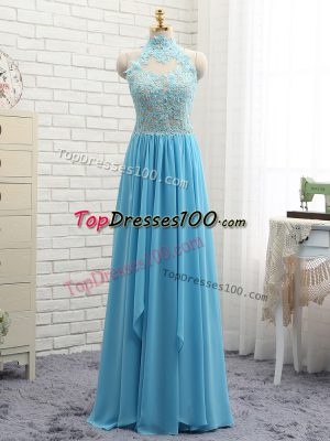 Pretty Baby Blue Halter Top Neckline Lace Prom Party Dress Sleeveless Backless