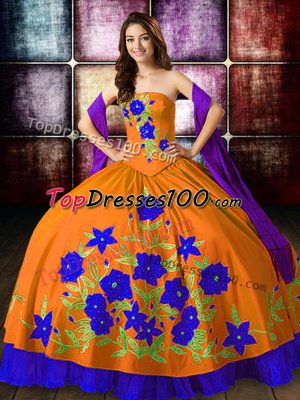 Affordable Orange Red Strapless Neckline Embroidery Quinceanera Gown Sleeveless Lace Up