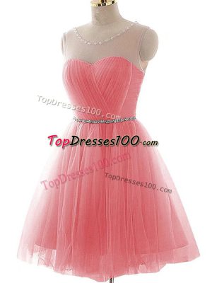 Traditional Watermelon Red Scoop Neckline Ruching Party Dress Sleeveless Lace Up