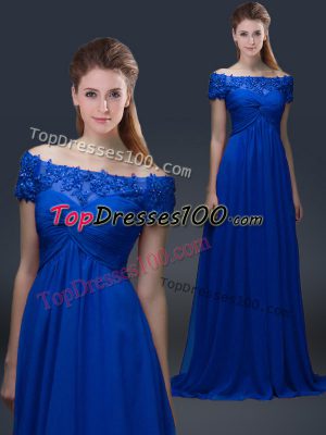 Fashionable Short Sleeves Chiffon Floor Length Lace Up Mother of Bride Dresses in Blue with Appliques