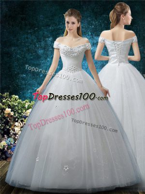Flirting Cap Sleeves Lace Up Floor Length Beading and Appliques Bridal Gown