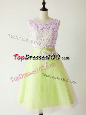 Low Price Tulle Scoop Sleeveless Lace Up Lace Wedding Guest Dresses in Yellow Green