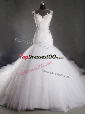 White Wedding Gowns Wedding Party with Lace Scoop Sleeveless Chapel Train Zipper