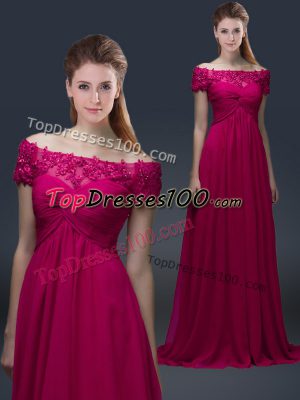 Floor Length Lace Up Mother Dresses Fuchsia for Prom and Party with Appliques