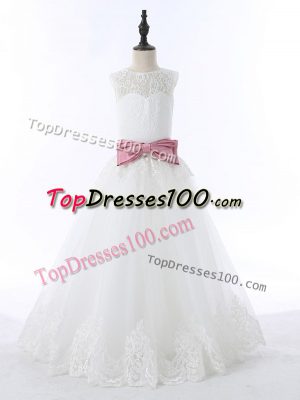Modern White Kids Formal Wear Wedding Party with Lace and Bowknot Scoop Sleeveless Zipper