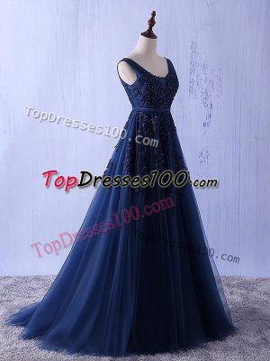 Stylish Navy Blue Straps Neckline Appliques Prom Party Dress Sleeveless Lace Up
