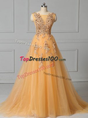 Sleeveless Appliques and Pattern Lace Up Celebrity Evening Dresses with Gold Brush Train