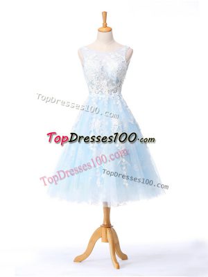 Appliques Quinceanera Court Dresses Light Blue Backless Sleeveless Knee Length