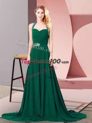 Nice Dark Green Empire Chiffon Halter Top Sleeveless Beading and Ruching Zipper Prom Evening Gown Brush Train