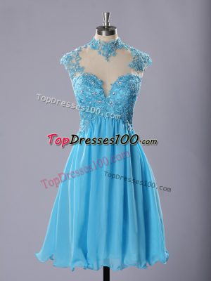 Pretty Baby Blue Chiffon Zipper High-neck Sleeveless Knee Length Cocktail Dresses Lace and Appliques