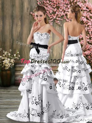 White Sweetheart Backless Embroidery and Sashes ribbons Wedding Dresses Sweep Train Sleeveless