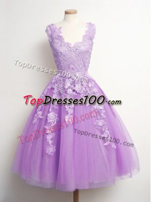 Suitable Lilac V-neck Lace Up Appliques Bridesmaid Dress Sleeveless