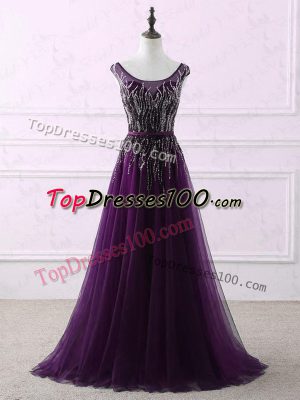 Eggplant Purple Sleeveless Sweep Train Appliques and Embroidery Homecoming Dress