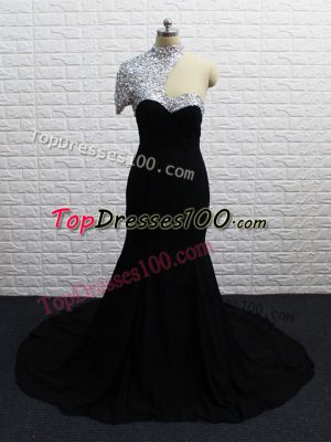 Chiffon Asymmetric Short Sleeves Brush Train Zipper Beading Prom Evening Gown in Black