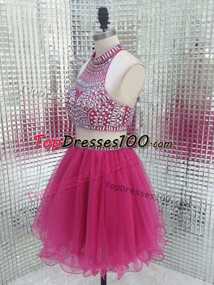 Fuchsia Sleeveless Tulle Backless Cocktail Dresses for Prom and Party and Sweet 16