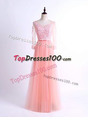 Pink Empire Tulle V-neck Half Sleeves Lace Floor Length Lace Up Vestidos de Damas