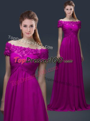 Fuchsia Off The Shoulder Neckline Appliques Mother of Bride Dresses Short Sleeves Lace Up