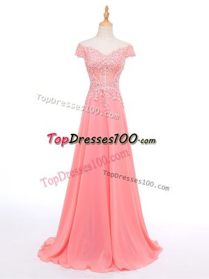 Super Watermelon Red Off The Shoulder Neckline Lace and Appliques Prom Dress Short Sleeves Zipper