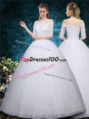 Delicate White Bridal Gown Wedding Party with Beading and Embroidery Scalloped Half Sleeves Lace Up