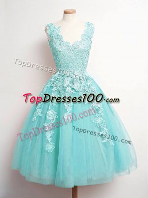 Unique Tulle V-neck Sleeveless Lace Up Lace Wedding Guest Dresses in Aqua Blue