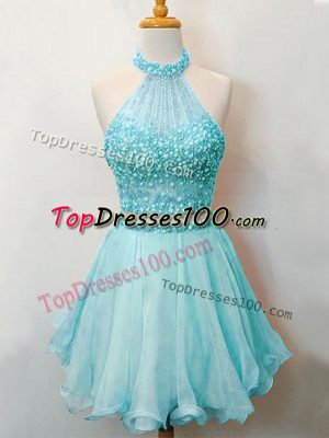 Romantic Aqua Blue Lace Up Halter Top Beading Wedding Guest Dresses Organza Sleeveless