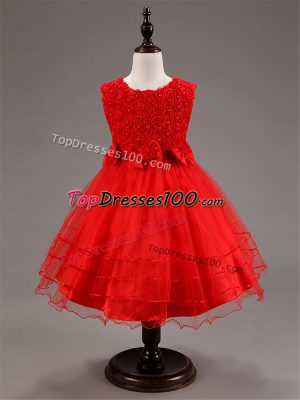 Red Kids Pageant Dress Wedding Party with Ruffled Layers and Hand Made Flower Scoop Sleeveless Zipper