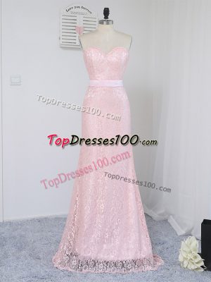 Baby Pink Column/Sheath Lace Sweetheart Sleeveless Lace Floor Length Zipper Dama Dress for Quinceanera