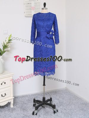 Royal Blue Lace Zipper Mother Dresses Long Sleeves Knee Length Lace and Appliques and Belt
